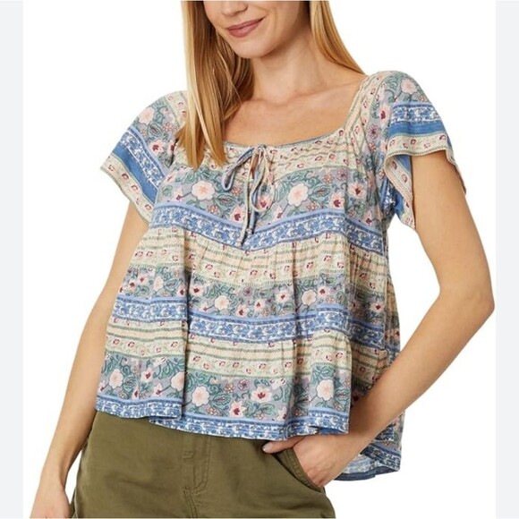 Lucky Brand Los Angeles Scoop Nevk Boho Bohemian Blue Floral Stripe Blouse, XL - Picture 1 of 10